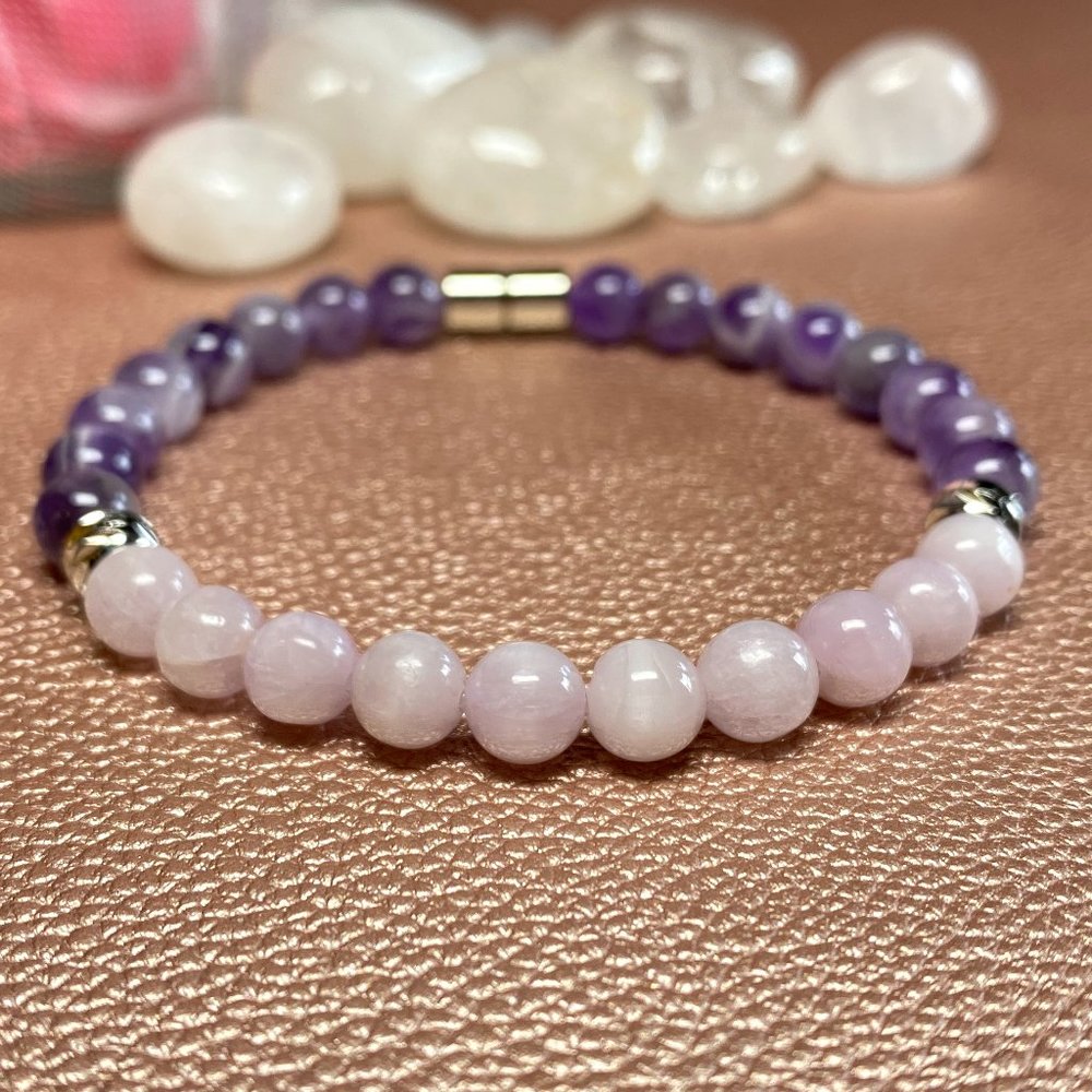 Natural Kunzite & Chevron Amethyst Bracelet for Women, Gemstone Healing Bracelet
